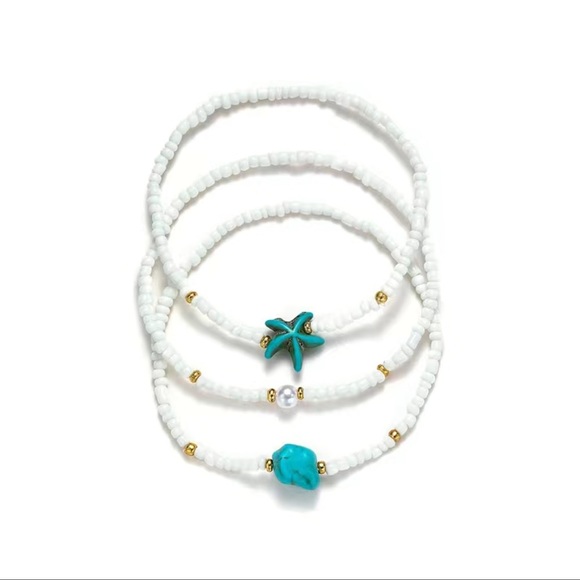 Jewelry - White Only 3 Pcs Starfish Beaded Anklet| Elastic Beach Style Ankle Bracelet Set